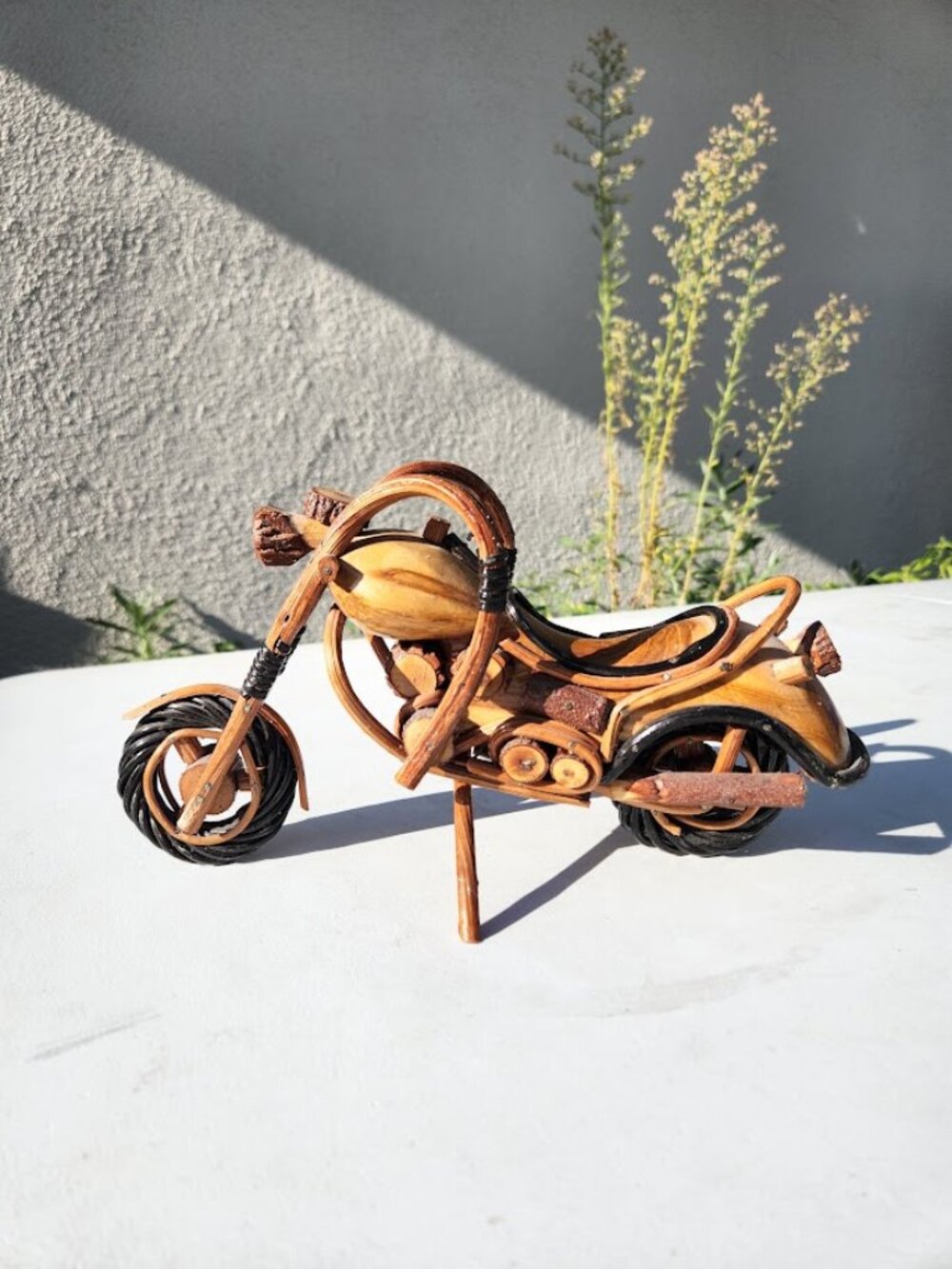 Handcrafted Wooden Chopper-Style Motorcycle Harley Davidson Sculpture Statue Rus
